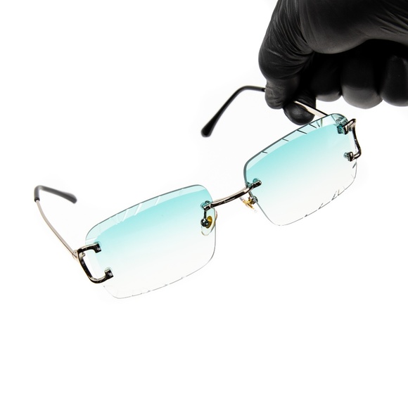 Gem Cut Turquoise Tint Gold Frame Hip Hop Rimless Luxury Rectangle Sunglasses - Picture 1 of 5